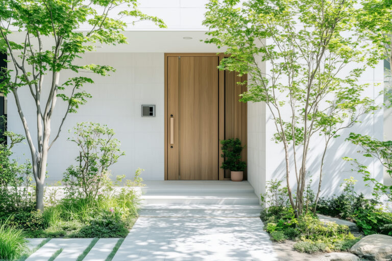 木の玄関ドアと青葉の植栽がある住まいの入口