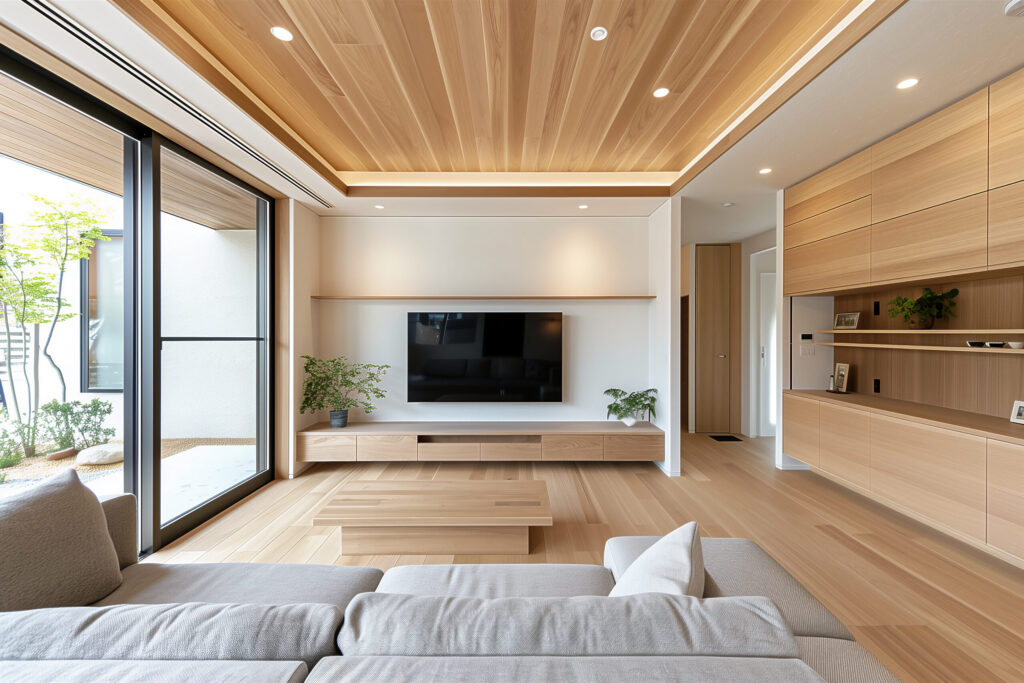 無垢の床と木目の天井が調和する明るいLDK。造作収納のある落ち着いた空間