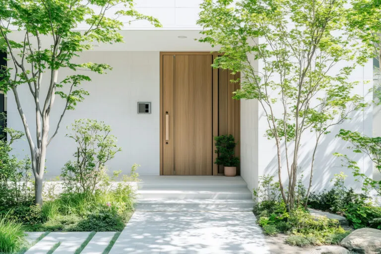 木の玄関ドアと青葉の植栽がある住まいの入口
